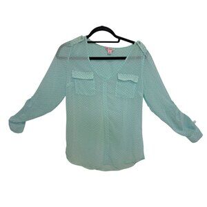 Candies Sheer Blouse Small Mint Green Chevron Print Tab Sleeve Shirt Lightweight